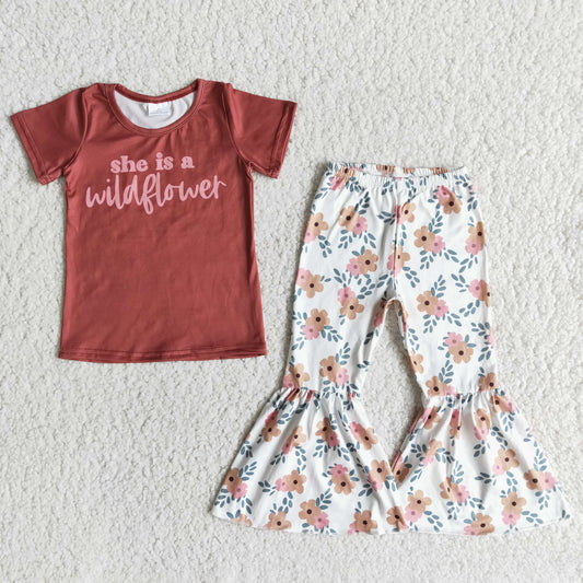 E13-30 2PCS She Is A Wildflower Floral Print Baby Girls Set
