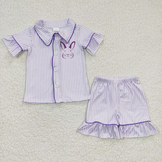 GSSO0144 Purple Striped Print Easter Bunny Baby Girls Shorts Pajamas