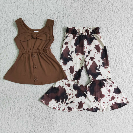 Brown Sleeveless With Bow Match Cow Print Pants Set