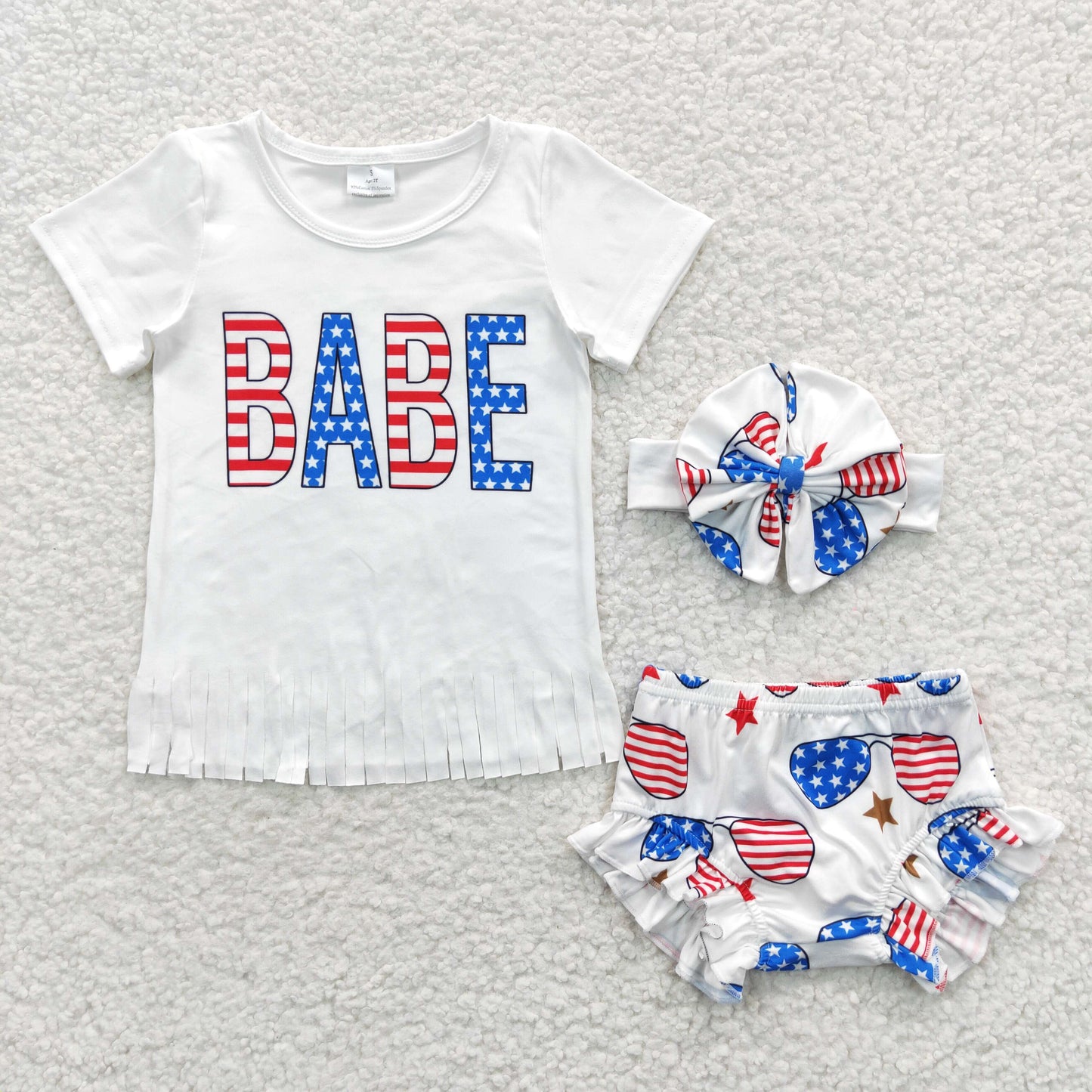GBO0127 Babe 4th Of July With Bow Girls Bummies Set