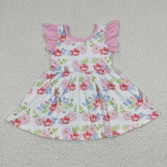 GSD0223 Easter Rabbits Floral Print Pink Flutter Sleeve Baby Girls Dress