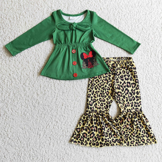 GLP0278 Green Cartoon Christmas Leopard Print Girls Set