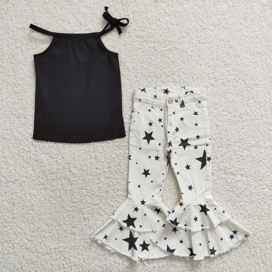 GSPO0565 Black Tassels Sleeveless Top Match White Stars Jeans Girls Set