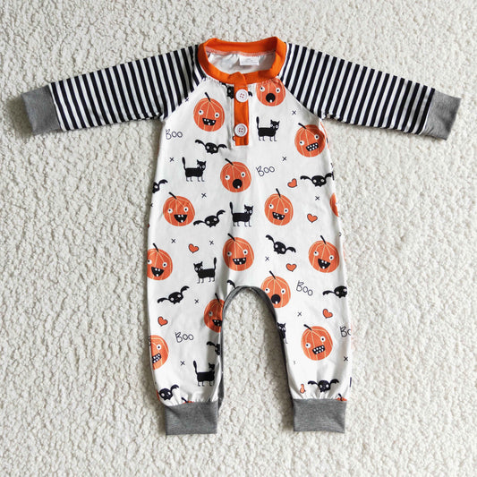 LR0140 Halloween Pumpkin Striped Print Romper