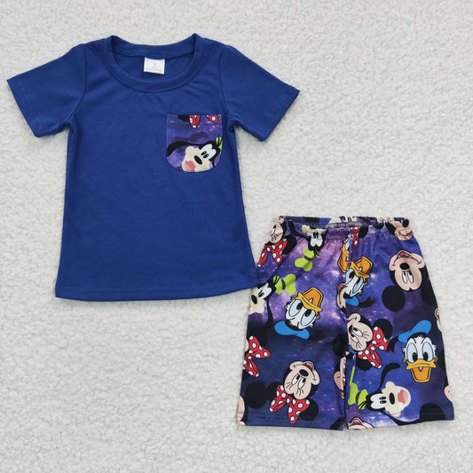 BSSO0163 Blue Short Sleeve Cartoon Pocket Boys Summer Set