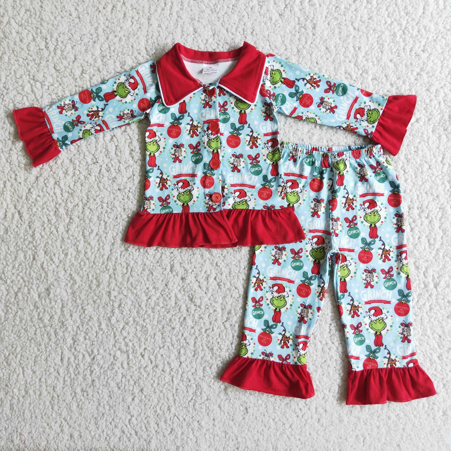 Girls Ruffles Long Sleeve Christmas High Quality Cartoon Print Pajamas