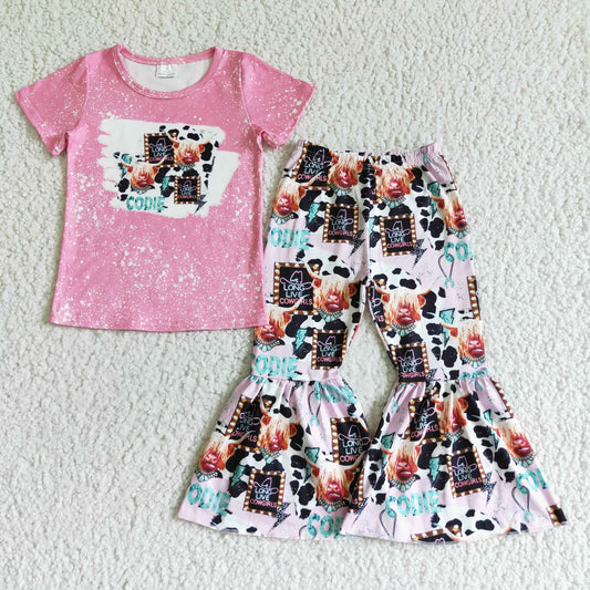 GSPO0026 Pink Bleach Highland Cow Girls Outfits
