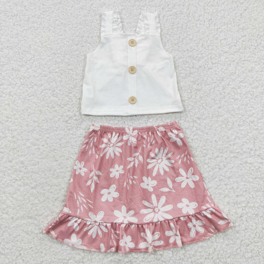 GSD0270 White Sleeveless Button Flower Pink Skirt Dress Set