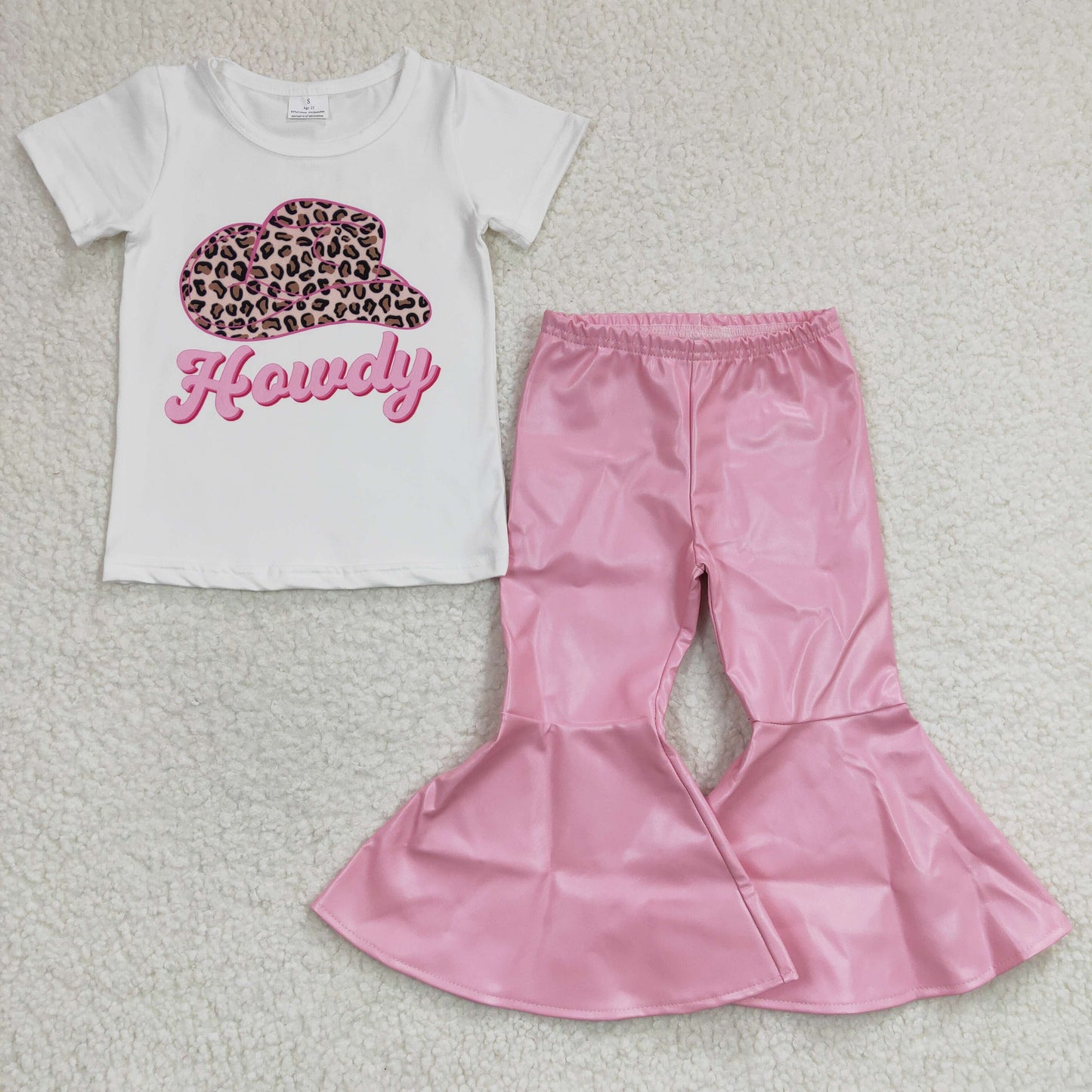 GSPO0470 Pink Western Hat Howdy Leather Pants Baby Girls Set