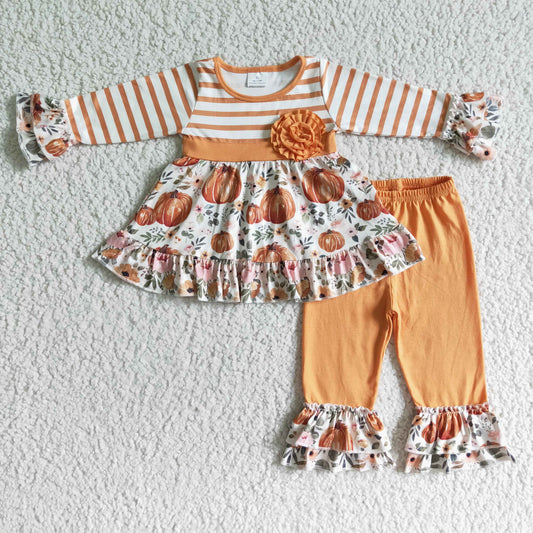 GLP0018 Orange Striped Print Fall Pumpkin Girls Outfits
