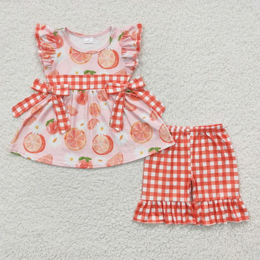 GSSO0239 Orange Flutter Sleeve Summer Peach Plaid Shorts Girls Set