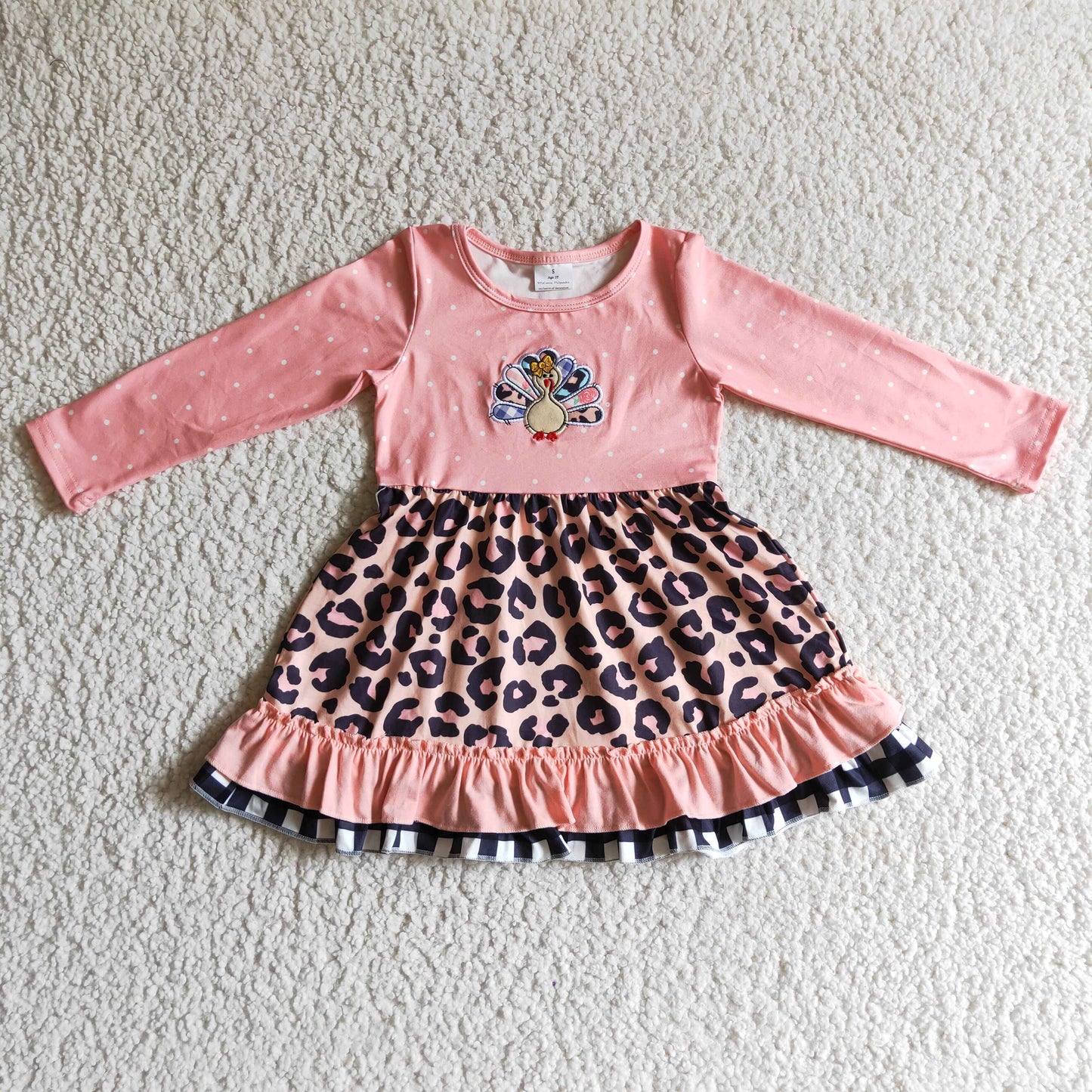 GLD0095 Fall Turkey Pink Embroidery Leopard Print Dress