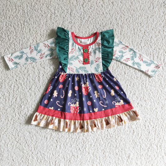 GLD0142 Christmas Gingerbread Man Cane Candy Green Long Sleeve Girls Dress