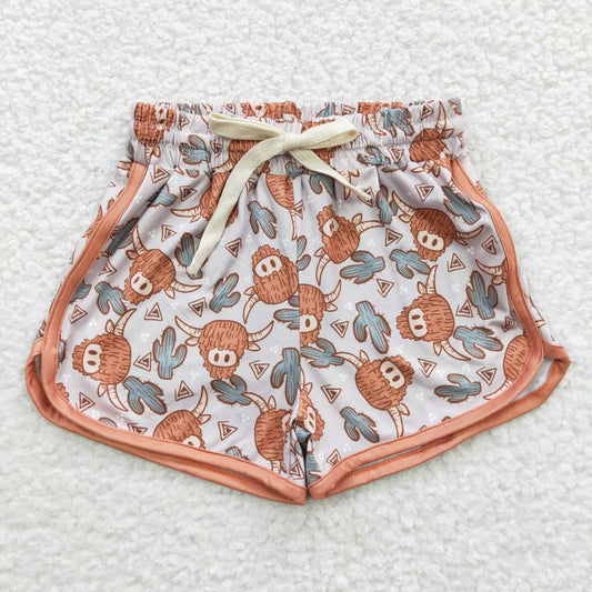 SS0089 Highland Cow Cactus Heifer Kids Summer Sport Shorts