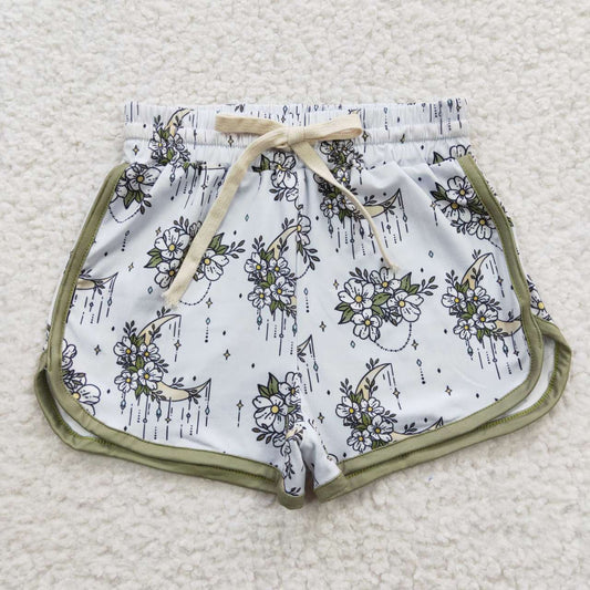 SS0084 Flower Moon Green Kids Summer Sport Shorts