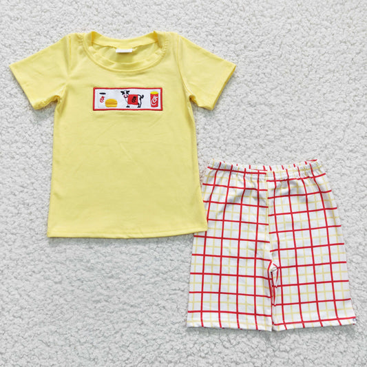 BSSO0112 Cow Yellow Cotton Embroidery Red Plaid Summer Boys Outfits