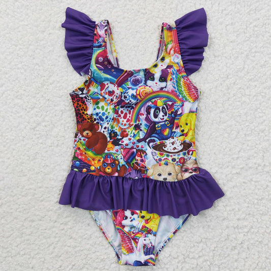 S0041 Purple Cartoon Flutter Sleeve Summer Kids Bathing Suits Swimsuits