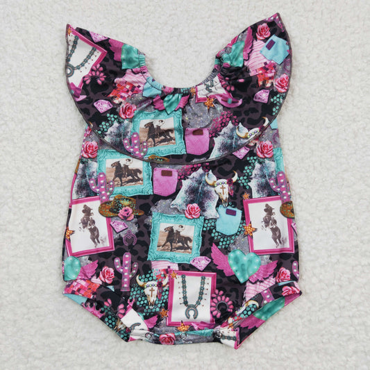 SR0219 Western Horse Cow Skull Cactus Baby Girls Romper