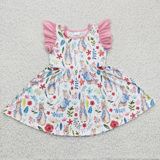 GSD0229 Easter Bunny Flower Print Pink Flutter Sleeve Baby Girls Dress