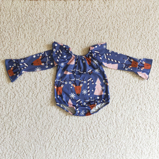 LR0165 Christmas Tree & Deer Girls Bummies Romper