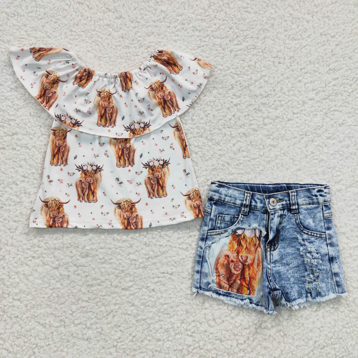 GSSO0186 Highland Cow Heifer Off Shoulder Denim Shorts Jeans Girls Set