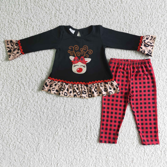 6 A18-27 Christmas Deer Print Embroidery Plaid Print Pants Kids Clothing