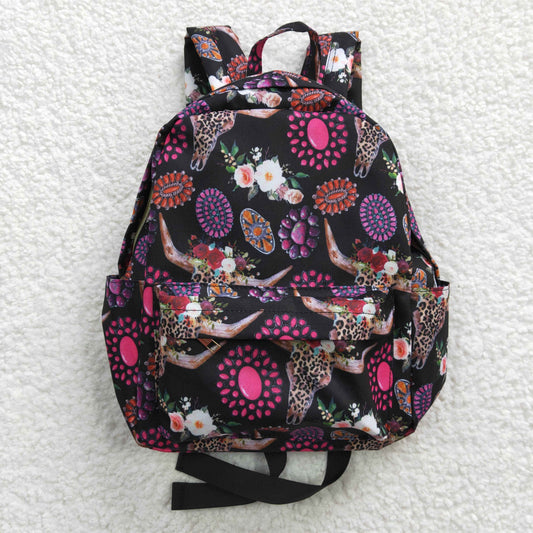BA0042 Pink & Purple Aztec Cow Skull Western School Bag