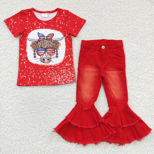 GSPO0541 Highland Cow 4th Of July Heifer Short Sleeve Red Denim Jeans Girls Set