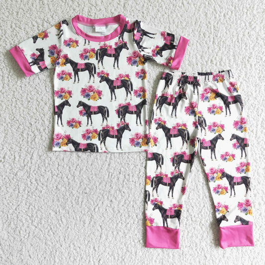 GSPO0005 Pink Flower Horse Short Sleeve Pajamas