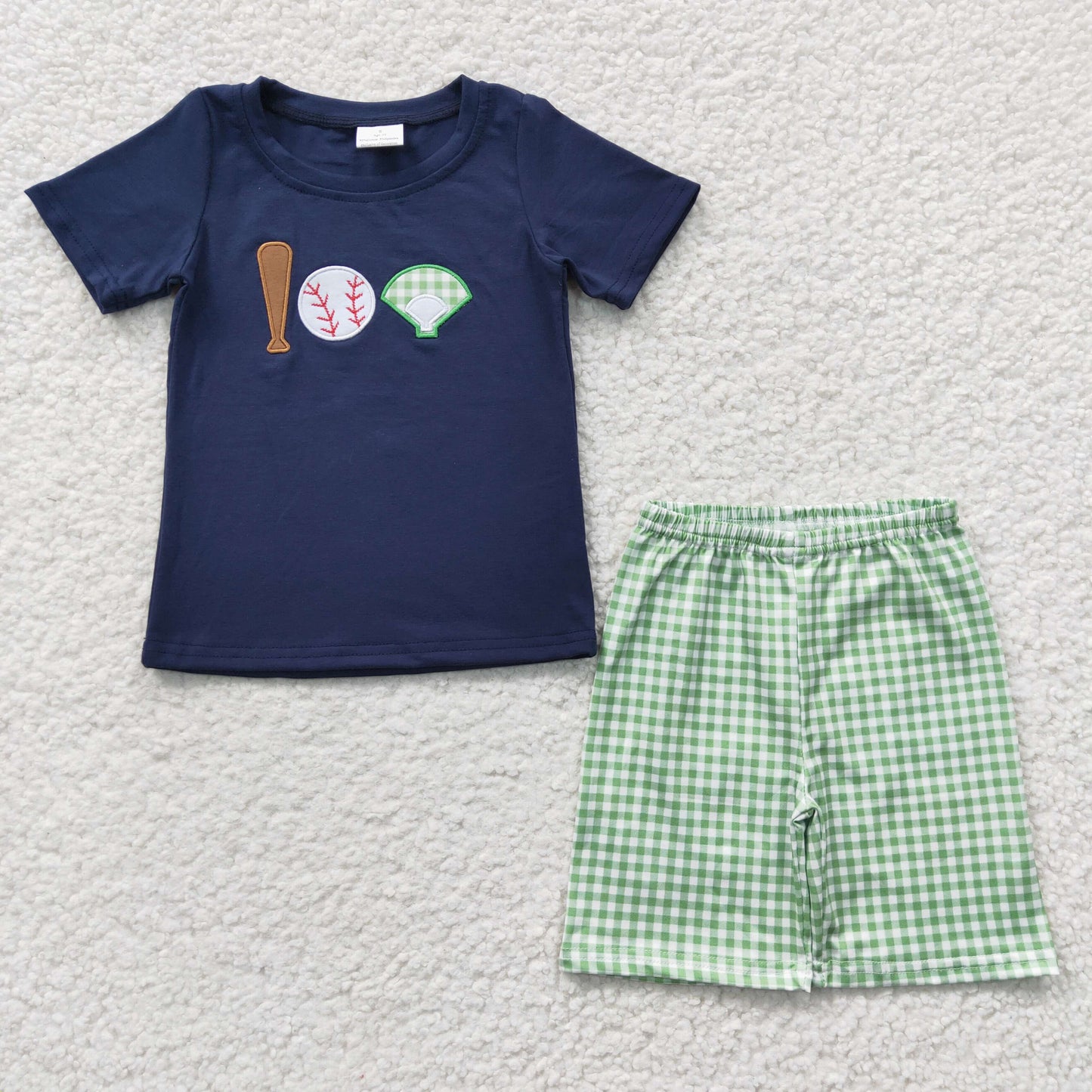 BSSO0194 Short Sleeve Navy Embroidery Baseball Green Shorts Boys Set