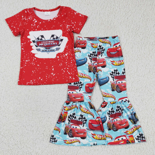 GSPO0111 Girls Cartoon Short Sleeve Car Red Kids Outfits