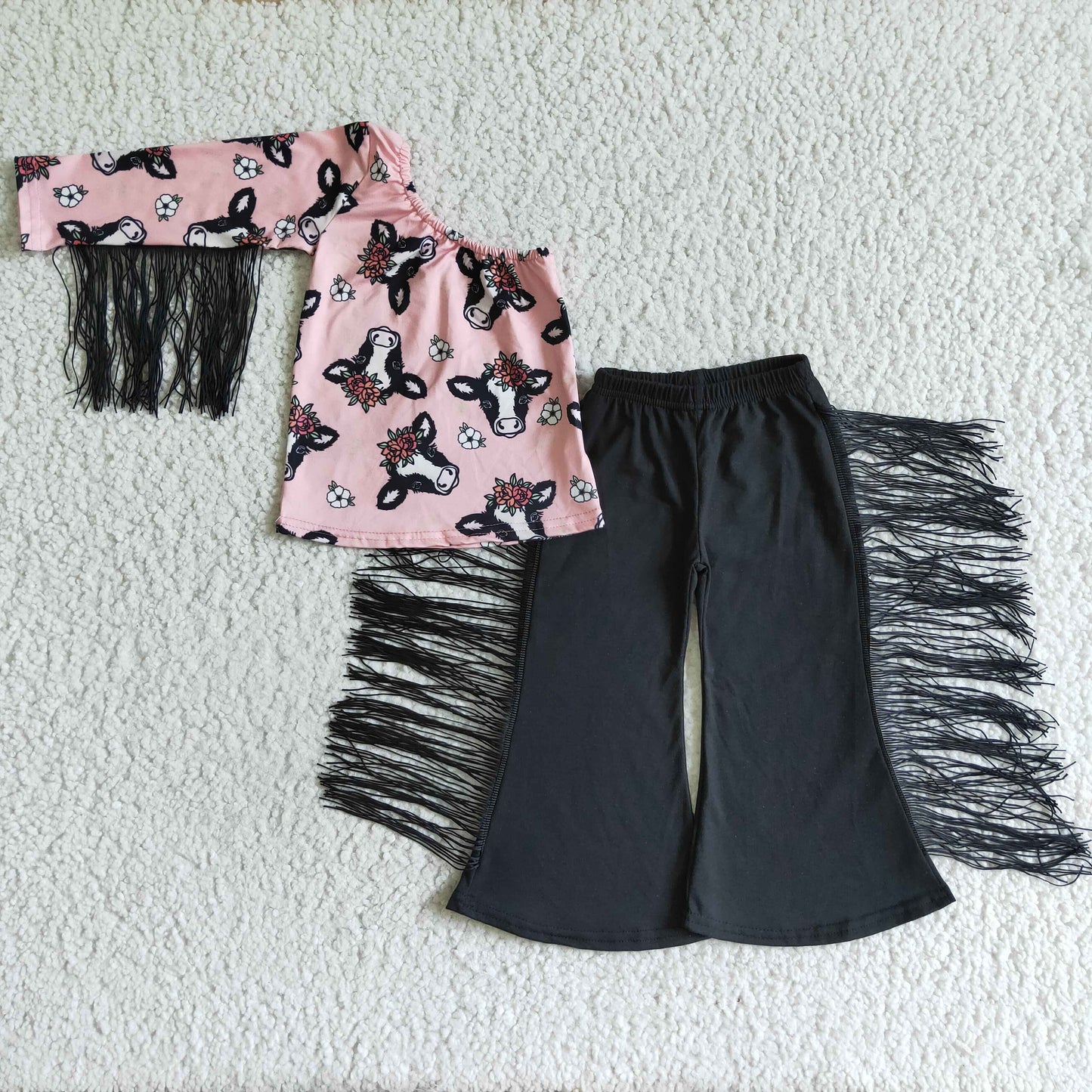 GSPO0140 Cow Pink Tassels Long Sleeve Black Tassels Pants Baby Girls Outfits