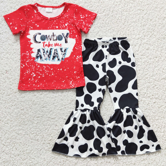 GSPO0483 Cowboy Take Me Away Red Bleach Cow Print Bell Pants Kids Outfits