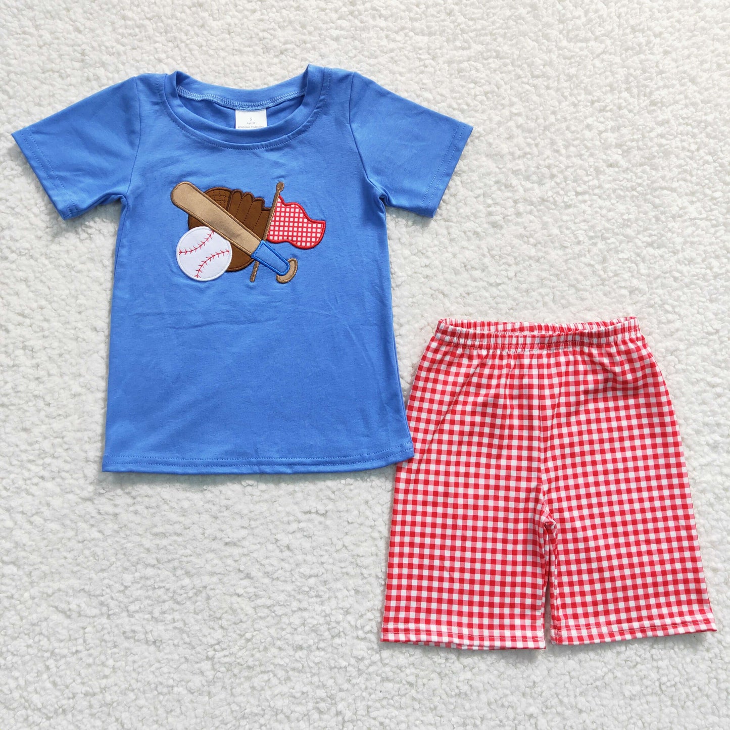 BSSO0134 Embroidery Baseball Blue Top Red Plaid Print Shorts Boys Set