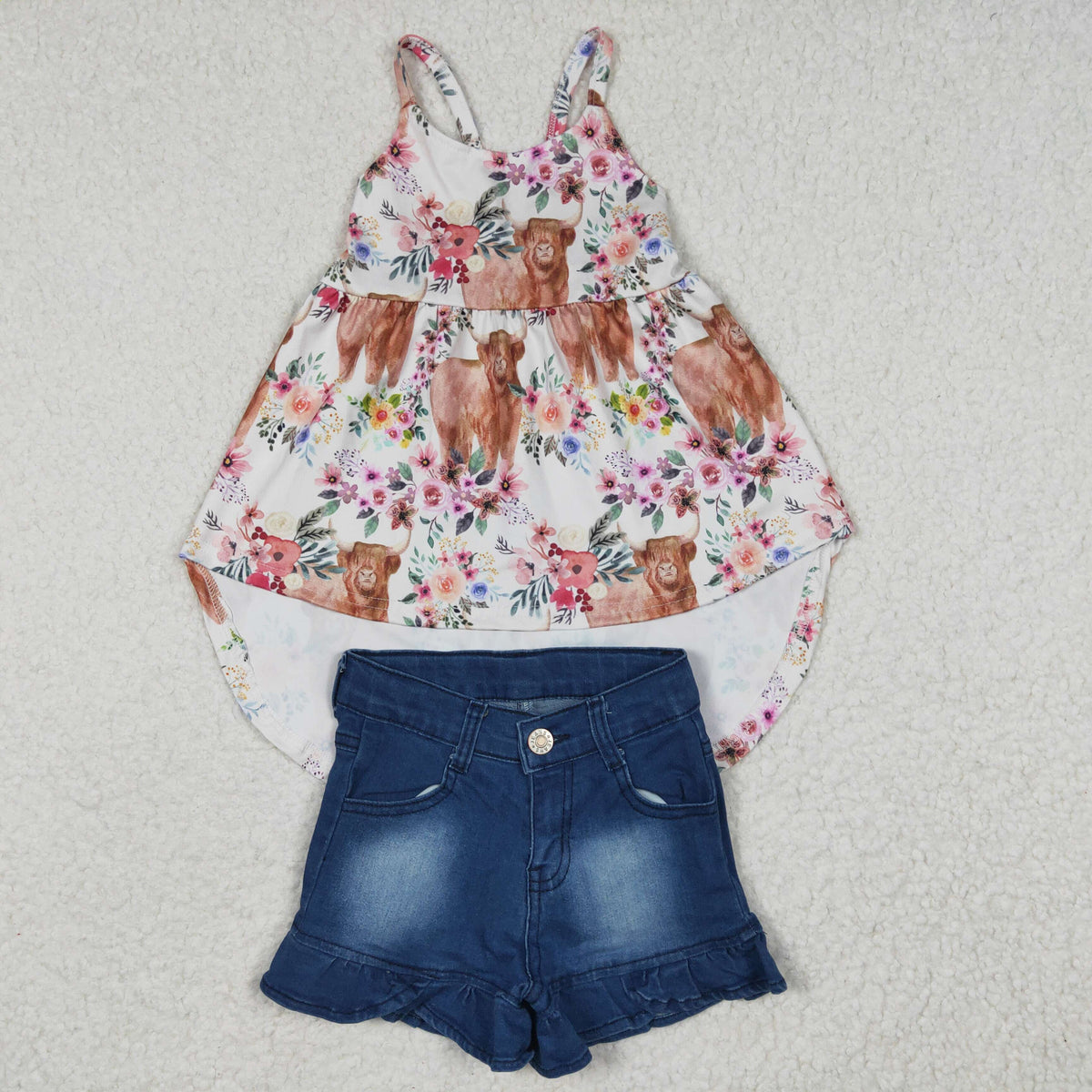 GSSO0264 Heifer Flower Highland Cow Baby Girls Ruffle Denim Shorts Jeans