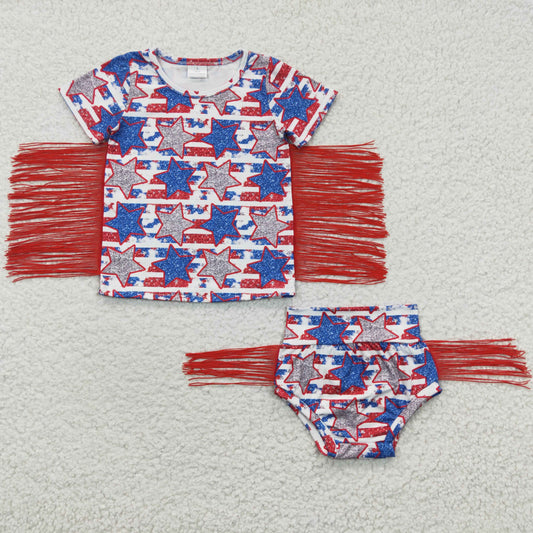 GBO0082 4th Of July Stars Red Tassels Baby Kids Bummies Set