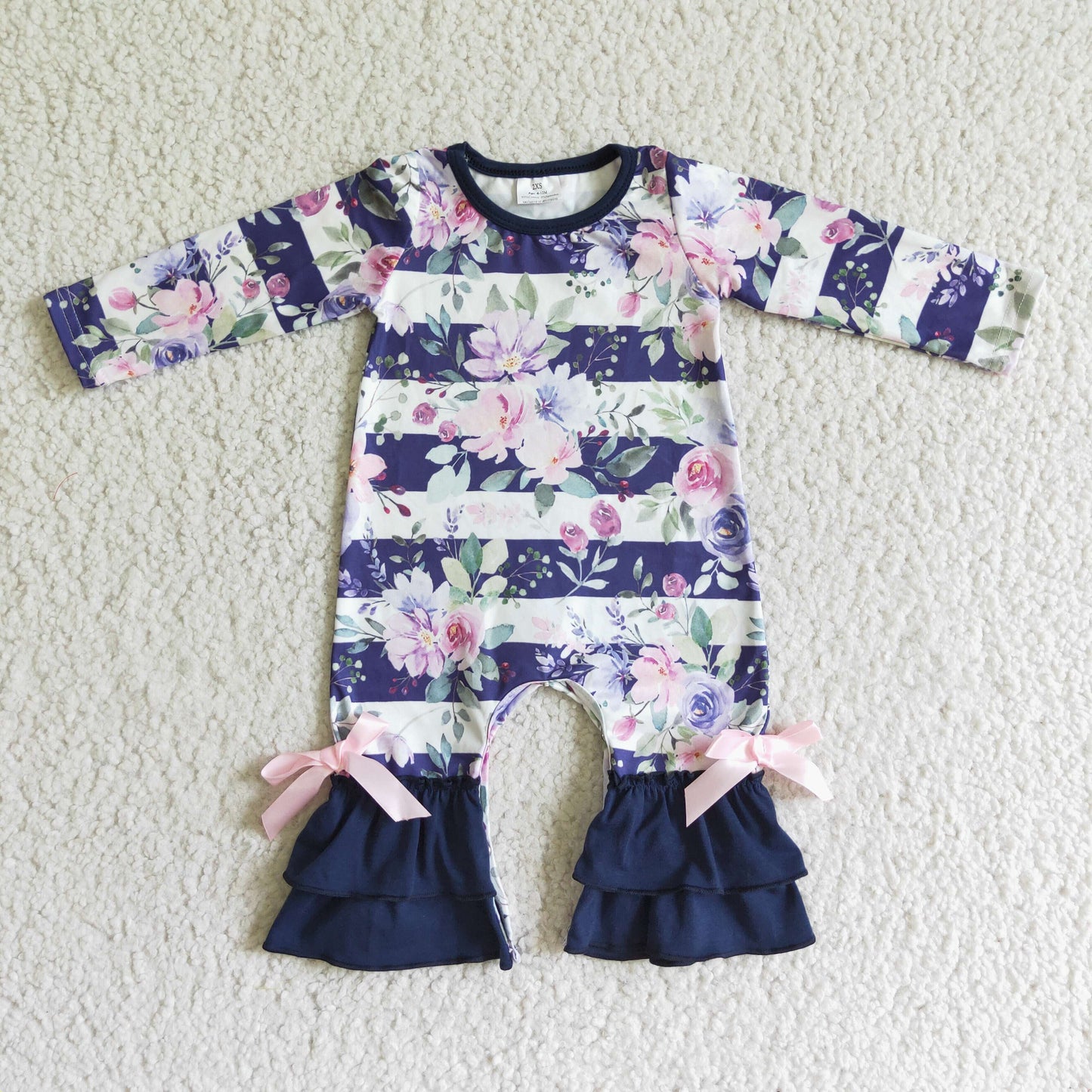 $5.5 LR0063 Purple Flowers Floral Striped Print Girls Romper