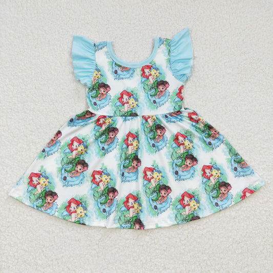 GSD0209 Blue Mermaid Print Cartoon Flutter Sleeve Girls Twirl Dress