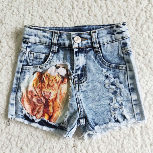 SS0024 Highland Cow Denim Shorts Jeans