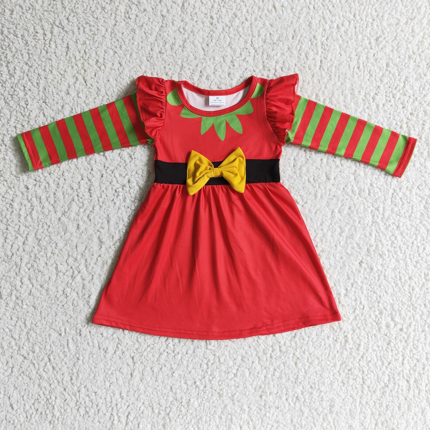 GLD0144 Christmas Red Striped Print Sleeve Girls Dress