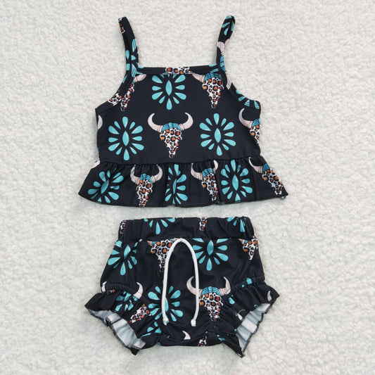 GSSO0182 Western Cow Skull Aztec Baby Girls Bummies Set