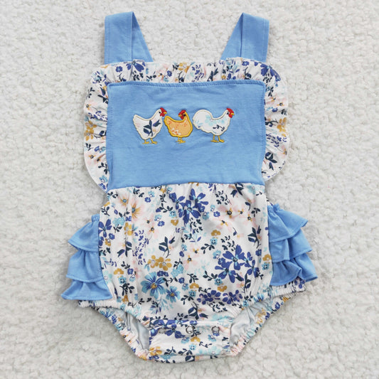 USA SHOP SR0285 Embroidery Blue Chick Floral Print Girls Romper