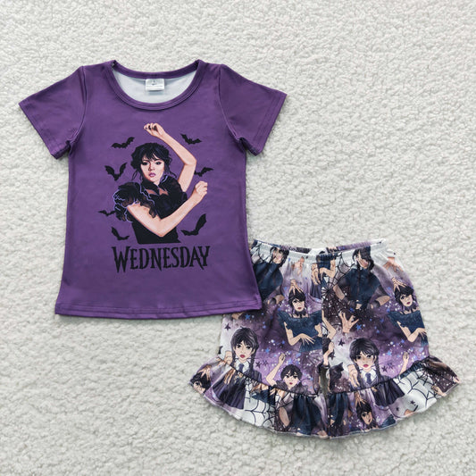 GSSO0271 Wed Short Sleeve Purple Cartoon Girls Summer Set