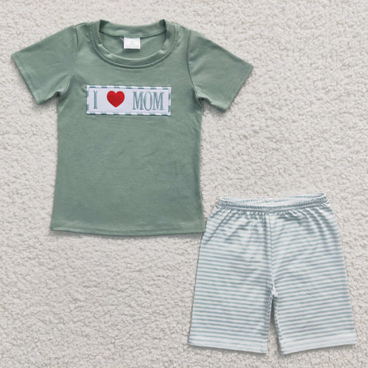 USA SHOP BSSO0173 Green Embroidery I Love Mom Boys Summer Set