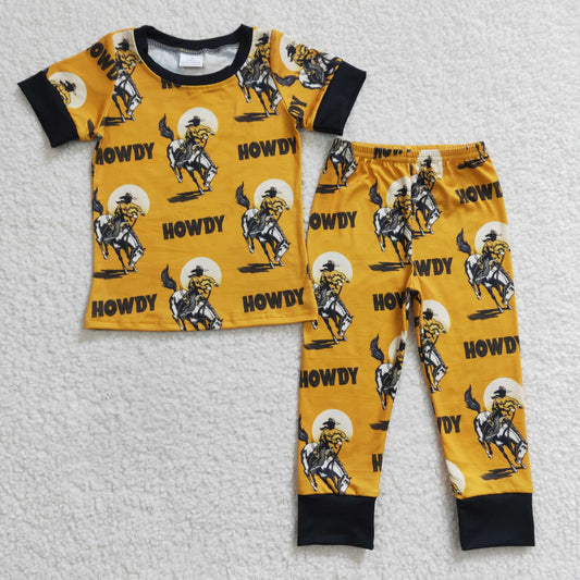 BSPO0053 Howdy Horse Yellow Short Sleeve Boys Pajamas