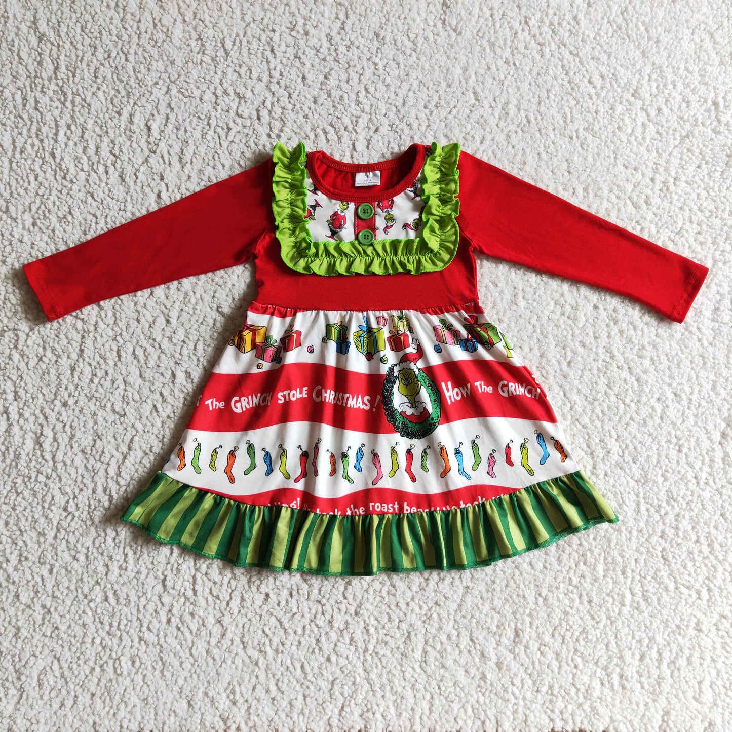 GLD0097 Christmas Green Long Sleeve Cartoon Dress