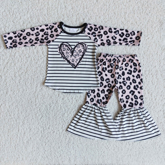 Valentine Leopard Print Love Heart Striped Print Girls Set