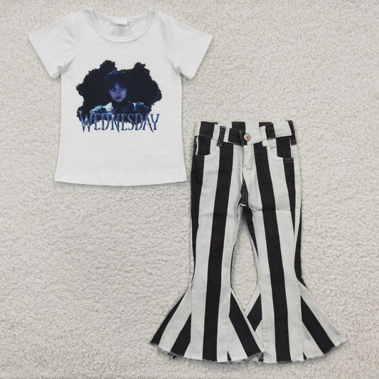 GSPO0534 White Short Sleeve Movie Match Black Striped Print Denim Jeans Set