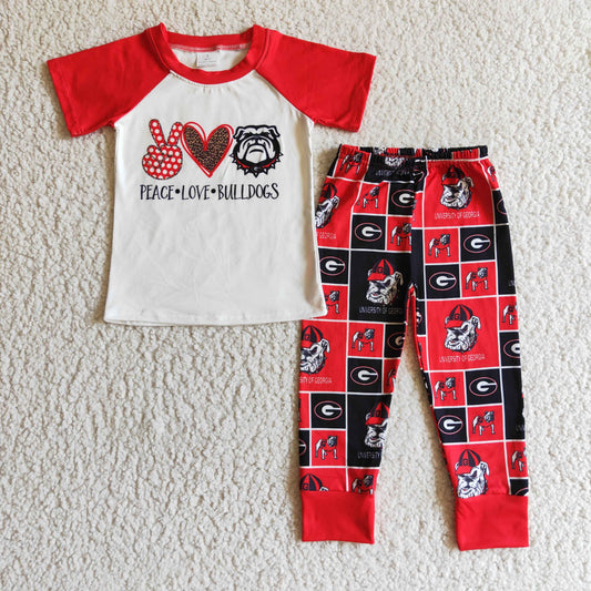 BSSO0085 Peace Love Blulldog Red Short Sleeve Football Outfits