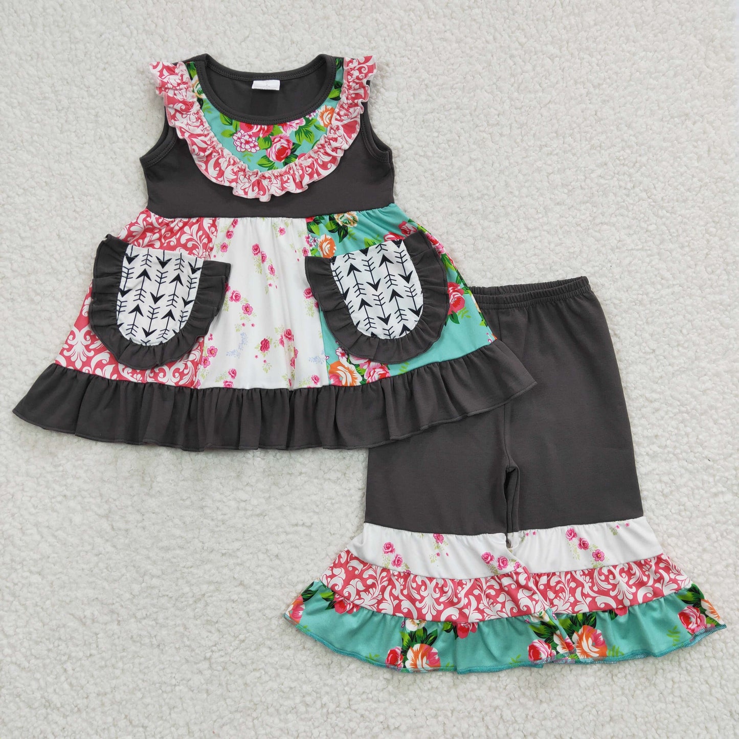 E3-16 Grey Sleeveless Kids Bell Pants Kids Clothes